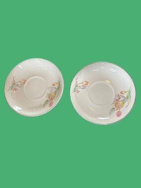 Vintage Hall China Tulip Floral Saucers Set of 2 Platinum Trim 6”